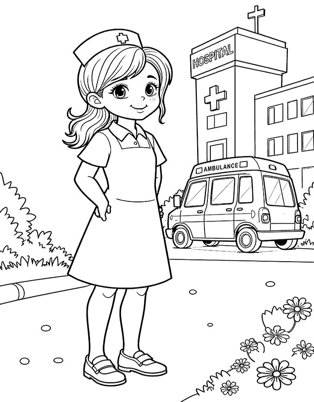 Nurse with ambulance coloring page